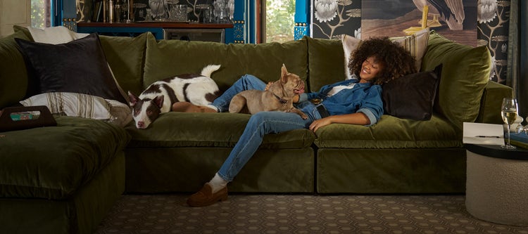 Title: Room for the Whole Pack | Subtitle: Generous proportions give everyone space to settle in. | Shown in: Shown in Olive Ultra Plush Velvet | Flag: 10% Off