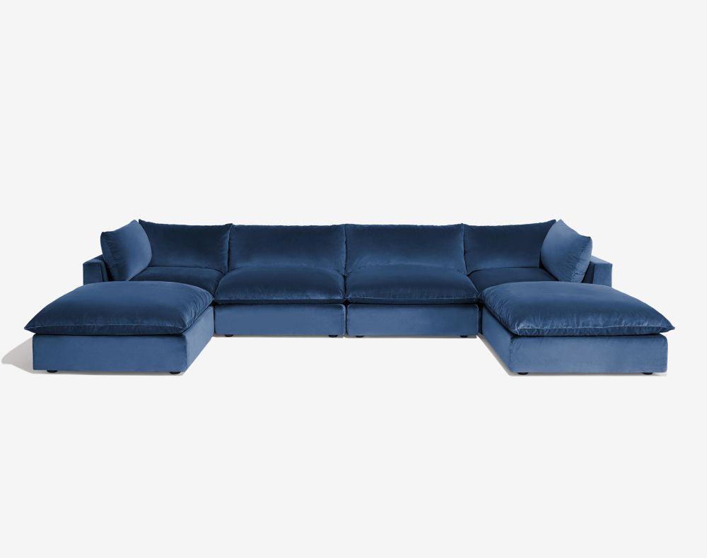 Cush Double Chaise 6 Piece Sectional Slate Blue Plush Velvet 1