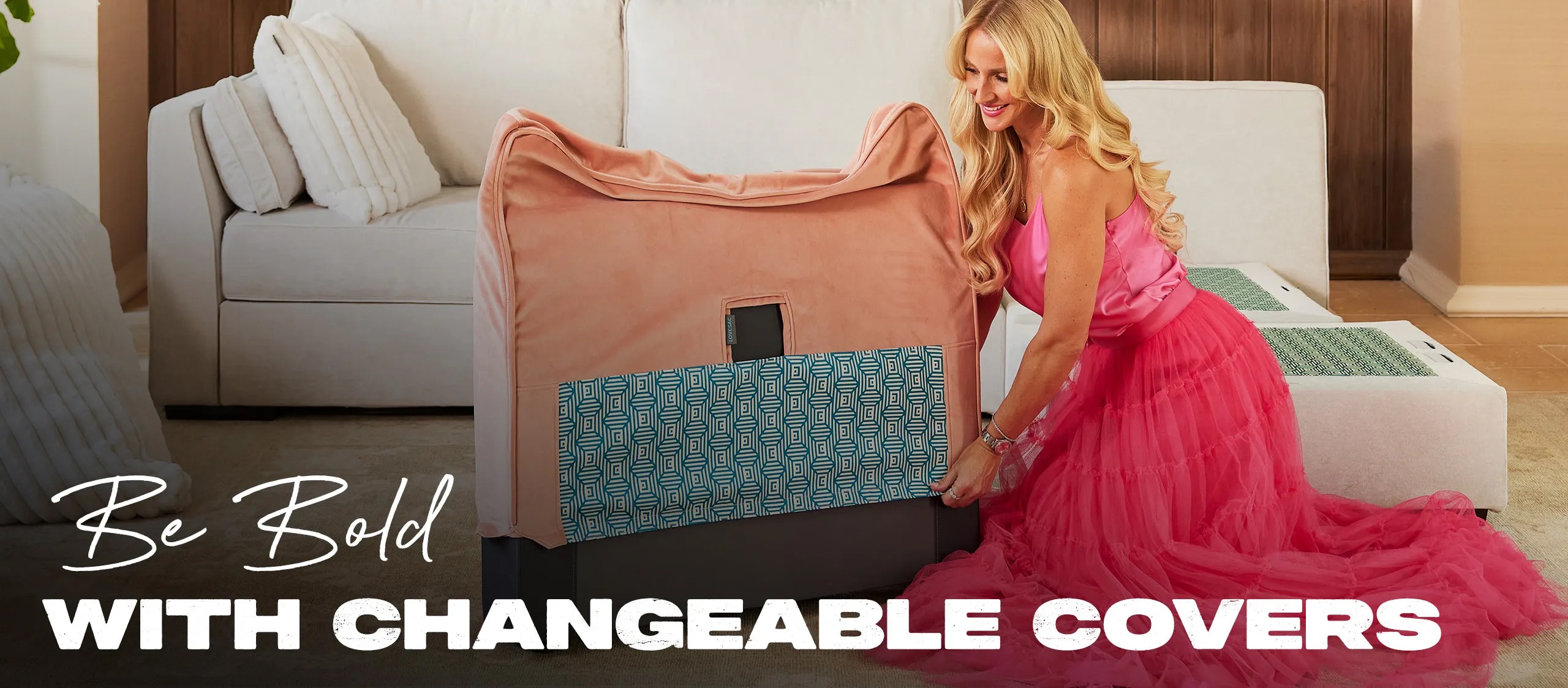 Woman Changing Lovesac Sactional Covers