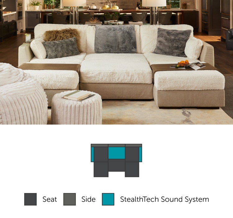 Sactionals couch in Reversible Swiss Diamond Phur / Almond Latticed Velvet with StealthTech system