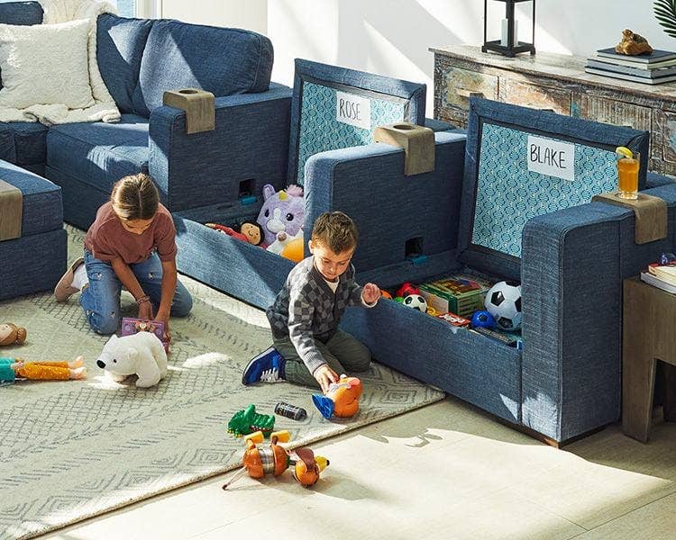 Family using their Lovesac Sactionals storage seat.