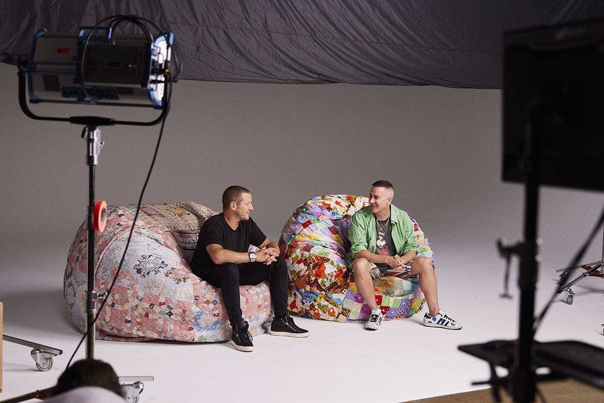 Shawn Nelson and Jeremy Scott sitting on SuperSacs during a photoshoot.