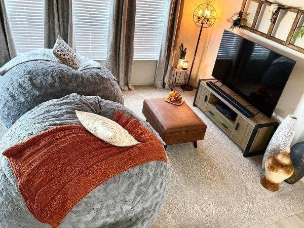 Living room with two comfortable Lovesac MovieSac bean bag chairs.