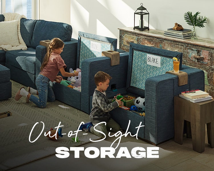 Children Using Lovesac Sactionals Storage Seat in Living Room