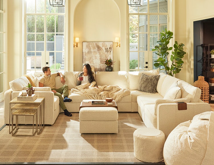 Couple relaxing on Lovesac Sactional in Cloud Boucle fabric