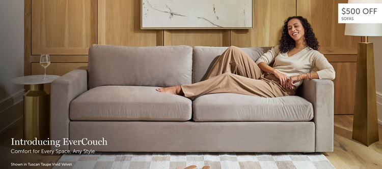 Woman lounging on a taupe, Lovesac EverCouch sofa in a living space