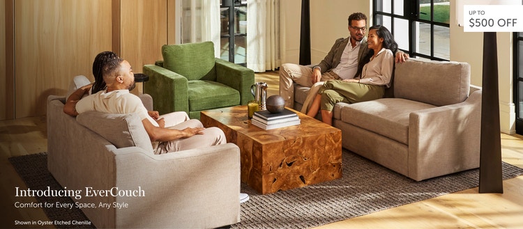 People sitting on beige, Lovesac EverCouch sofas in a living space