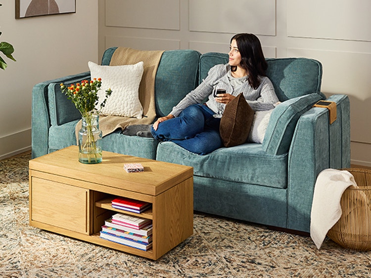 Modular sectional couch with 2 Seats + 4 Sides in Recycled Sea Glass Etched Chenille
