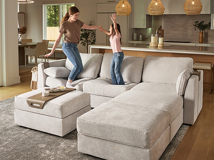 Modular sectional couch with 6 Seats + 5 Sides in Sky Grey Corded Velvet