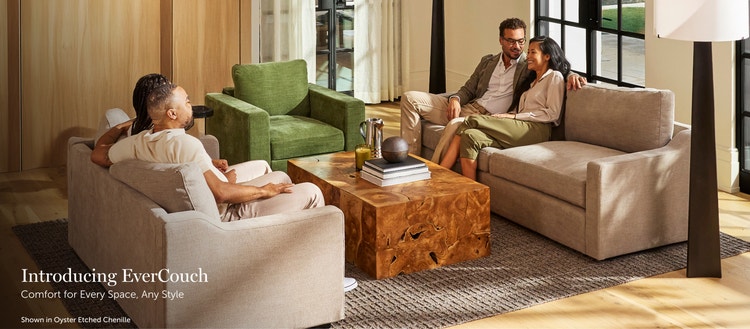 People sitting on beige, Lovesac EverCouch sofas in a living space