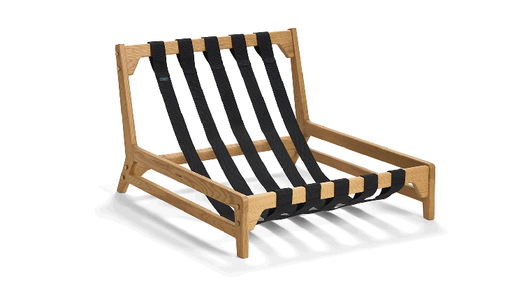 PillowSac Accent CHair with metal frame, hardware, and fabric straps