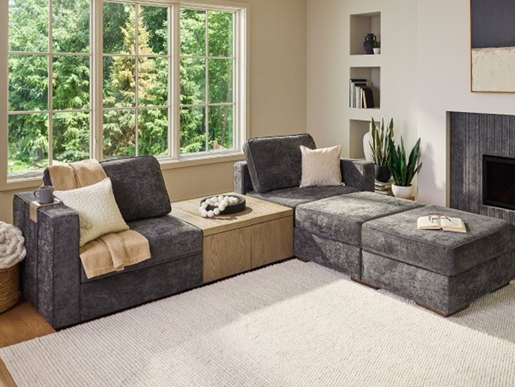 Modular sectional couch with 2 Seats + 4 Sides in Recycled Sea Glass Etched Chenille