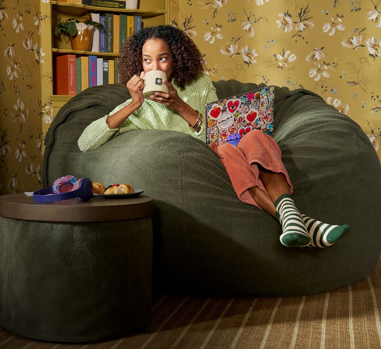 Sacs. The World's Most Comfortable Seat. Shown in Thyme Sherpa