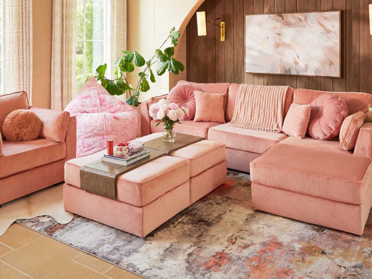 Modular sectional couch with 7 Seats + 8 Sides in Blush Ultra Velvet