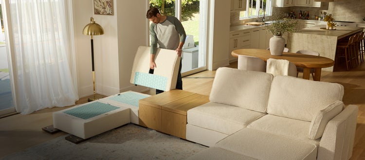 Family enjoying their blue Lovesac sectional couch