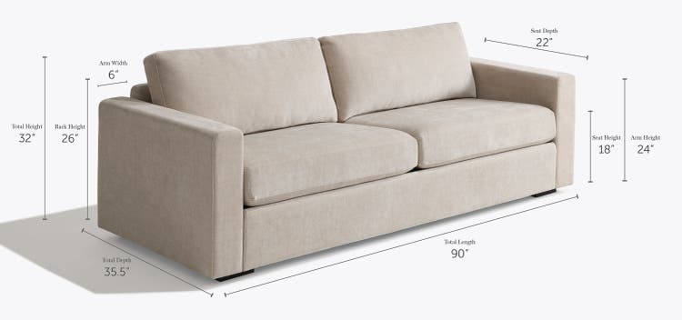 Snugg 2-Cushion Sofa with Square Arms Dimensions